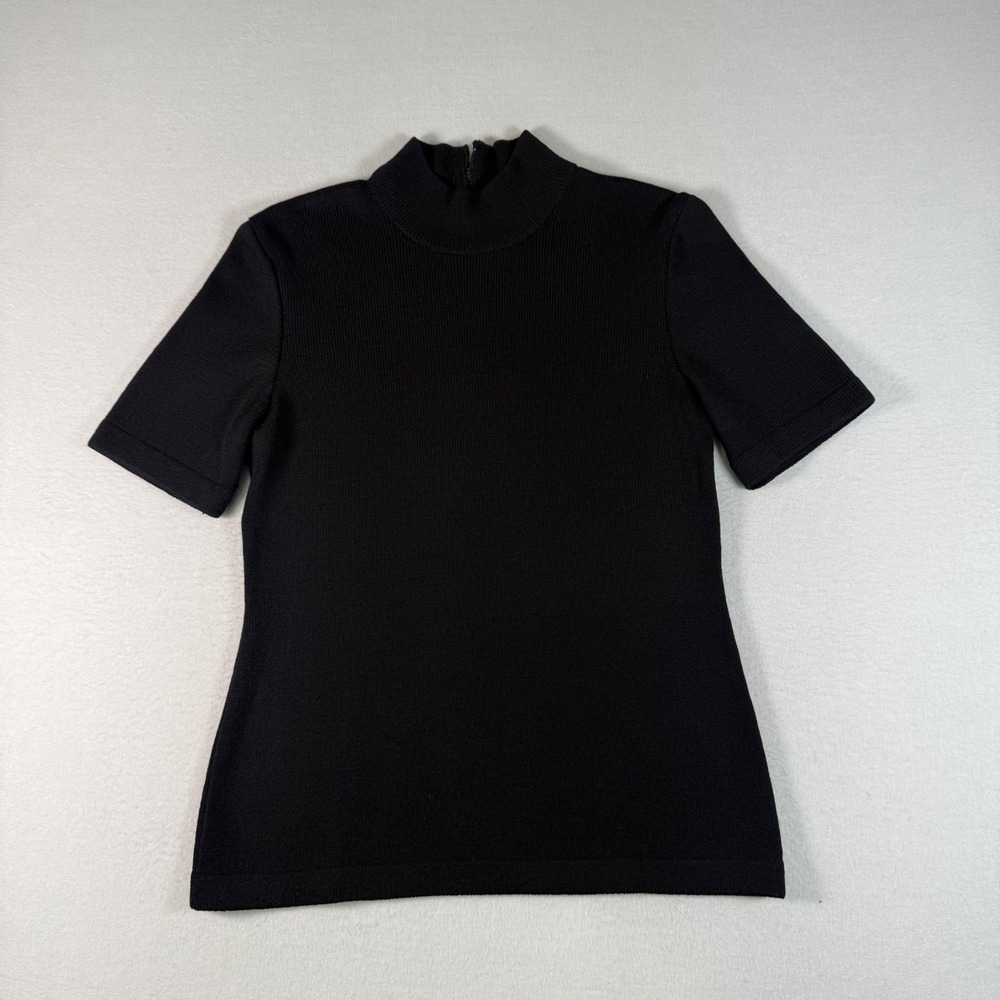 St John Santana‎ Knit Black Mock Neck Short Sleeve Zipper Top Small Quiet Luxury